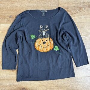 Sweaterworks Women’s Halloween Beaded Black Sweater Large Pumpkin Cat Sequins
